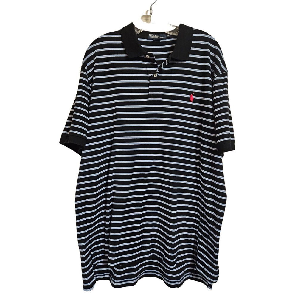 VTG Polo Ralph Lauren Men XL Blue Black Striped Cotton Short Sleeve Shirt Preppy